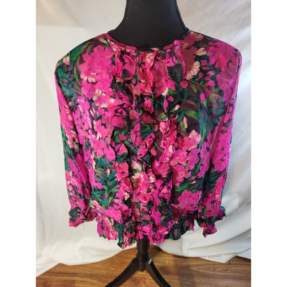 Flora Kung 100% Silk Floral Blouse Top Size 8 Bold Vintage 80s